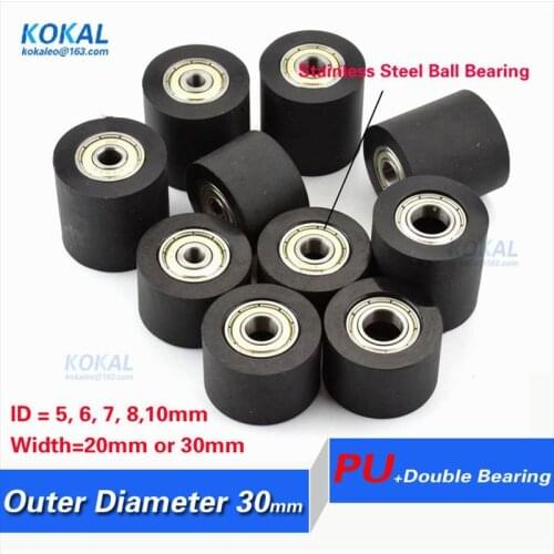 [PU30ZZ]Free shipping 5PCS stainless steel ball bearing double wheel PU rubber soft sliding wheel diameter 30MM flat type PU