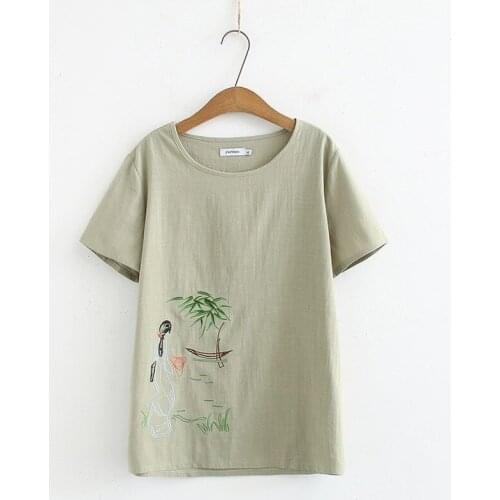 Plus Size XL-4XL Womens Summer T-shirt Short Sleeve A-line Tops Oversized Vintage Floral Embroidery Shirts