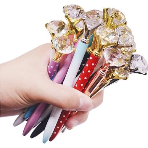 100 Pcs 14CM Long Diamond Wafer Ballpoint Pen 0.7mm Blue Writing Pen Student School Gift Ball Pen Like Beauty Metal Crystal Pen