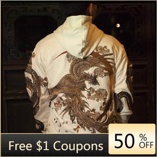 AreMoMuWha Original Spring Autumn New Chinese Style Men Women Couple Models Gold Line Dragon and Phoenix Embroidery HoodedQX1035