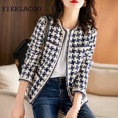 Tweed jacket Dark blue Plaid spring / autumn / winter womens jacket lapel long sleeve Business ladies one piece jacket coat