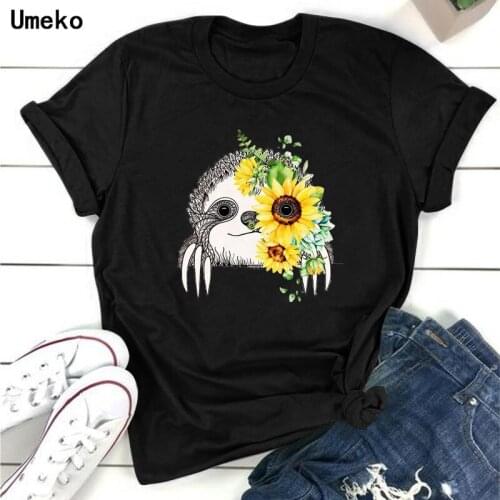 Umeko Fashion 2020 Sunflower Sloth Print T Shirt for Women O-Neck Short Sleeve Tees Tops Summer Burgundy Casual Tshirt Plus Size