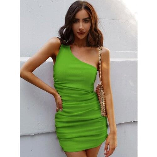 WJFZQM 2021 Spring Streetwear Short Bodycon Green Dress Elegant One Shoulder Cotton Ribbed Knitted Mini Sundress Women Summer