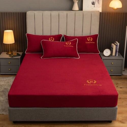 WOSTAR Solid flannel embroidery elastic fitted sheet mattress protector cover winter warm super soft cozy adult kids bed sheet