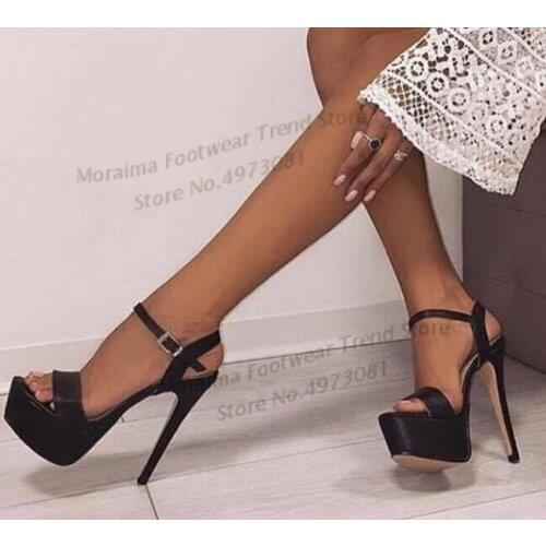 Moraima Snc Black Leather Platform High Heel Sandal Summer Open Toe Ankle Strap Party Dress Shoe Sexy Thin Heels Sandal