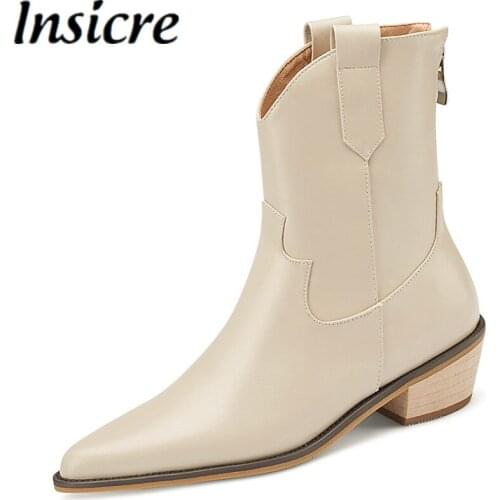 Insicre Cow Split Leather Pointed Toe Zipper Beige Big Size 43 Women Ankle Boots Platform Thick Heels 2021 Winter Shoes