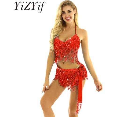 Belly Women Shiny Sequin Tassels Belly Dance Costume professional Halter Neck and Back Tie Up Bra Top with Hip Scarf Wrap Skirts