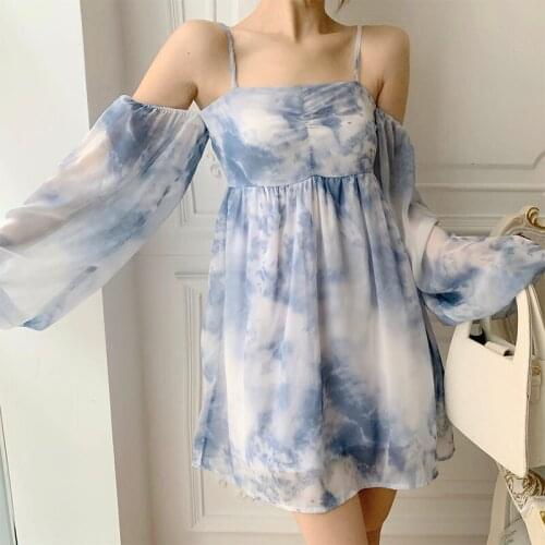 Tie-Dye Suspender Dress Women Spring Outing Vintage Strapless Mini Dress Korean Loose Holiday Dresses