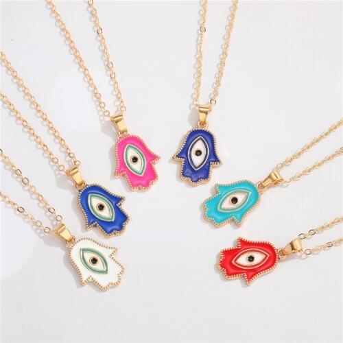 1PC Ethnic Colorful Enamel Hamsa Fatima Hand Necklace For Women Bohemian Vintage Turkish Evil Eyes Pendant Necklace Jewelry N227