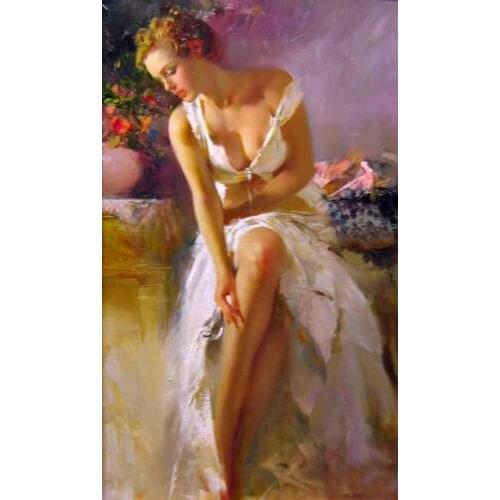 100%Handmade Fine oil painting nice young lady girl seated on sofa in white Evening dress