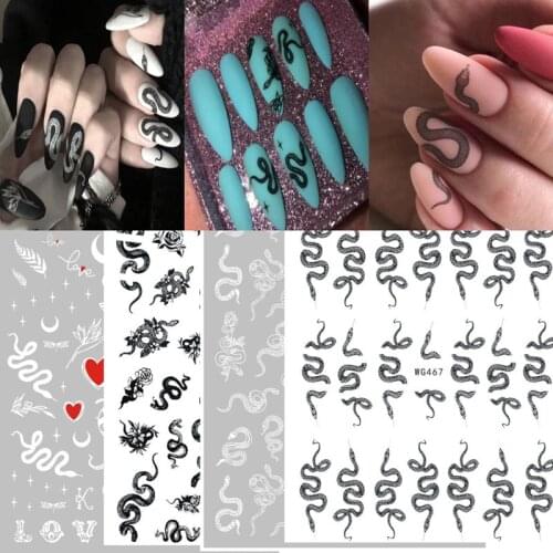 3D Snake Design Nail Art Stickers Colorful Dragons Slider Decals Black Snake for Manicure Nail Art Decoration Holiday Sticker
