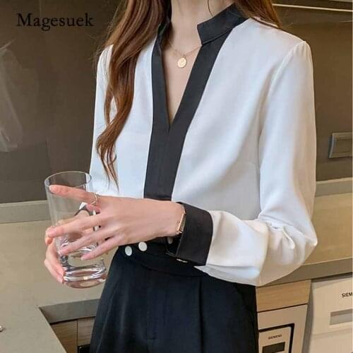 White Long Sleeve Chiffon Womens Shirts Solid Ladies Tops Pullovers 2020 New Autumn Casual V-Neck Blouse Women Blusas 11189