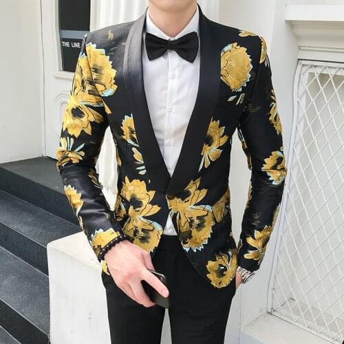 Mens Formal Dress Printed Floral Suit Jacket Long sleeve Wedding Slim Stage Coat One Button C10