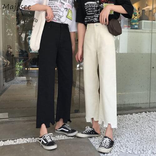 Jeans Women Solid Ankle-length Fashion Simple Irregular High Waist Student Korean Style All-match Baggy Leisure Denim Feminino
