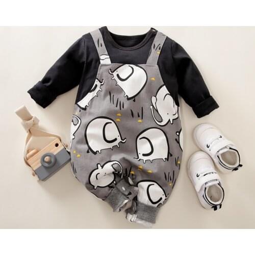 Hibobi Baby Boy Elephant Pattern Long Sleeve Strap Jumpsuit Kids 2Pcs Set Newborn Cotton Bodysuit Tops