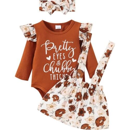 2021 0-24M Baby Girls Clothes Set Autumn Sweet Letters and Floral Printed Pattern Ruffle Romper+Suspender Skirt and Headdress
