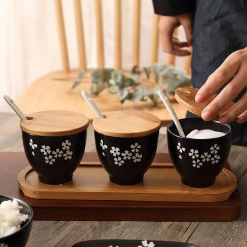 Creative Ceramic Seasoning Jar Three-Piece Spice Jar Bamboo-Wood Lid Seasoning Box Kitchen Supplies