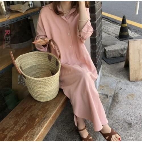 LANMREM 2021 new korea styles turn-down collar striped single breasted loose long polyester shirt dress female vestido WL30717