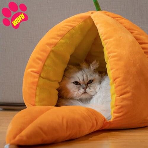 WOFUWOFU Pet Cave Bed, Hooded Bed for Pet, Washable Pumpkin Pet House, Cave Bed for Pet with Removable Cushion, Indoor Kitten Be