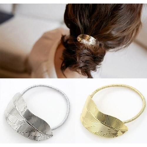 Fashion Sleek Golden Silver Plated Leaf Bling Rubber Bands Elastic Hair Bands for Women Hair Jewelry Accessories
