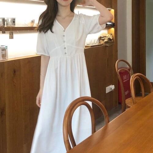 Towerke Fashion Vintage Solid Color Dress Midi Button V Neck Maxi Elegant White Dresses Lady Casual Long Summer Dresses 2020