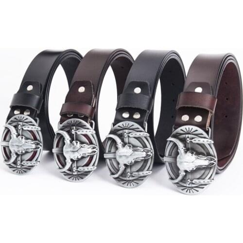 Western cowboy dark hip-hop trendy fan leather belt punk gray bull head fashion jeans belt