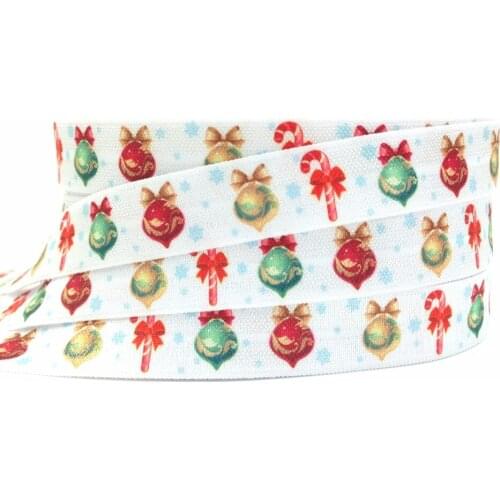 Christmas Ball Candy Canes Print Fold Over Elastic 5/8'' White FOE Elastic Ribbon DIY Headwear 10 yards