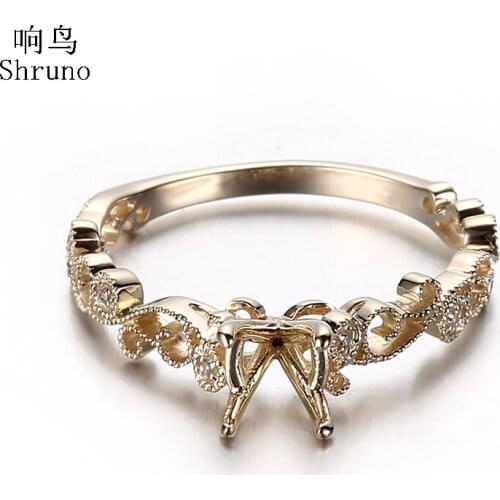 Shruno 5-6mm Round 10k 14K Yellow Gold Natural Diamonds Semi Mount Engagement Wedding Ring Women Vintage Handcrafted Jewelry