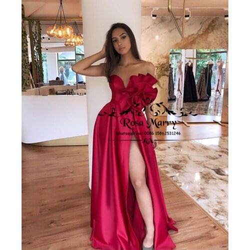 Sexy Red Plus Size Cheap Prom Dresses 2020 A Line 3D Flower Long Satin High Split Simple Formal Evening Party Gowns