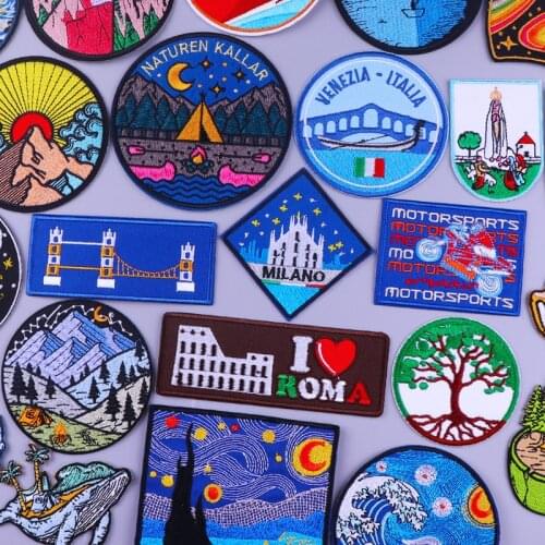 Building Patches For Clothing Stickers Mountain Bridge Badges Stripes Iron On Patches On Clothes DIY Van Gogh Embroideried Patch
