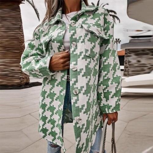 Foridol Houndstooth Print Vintage Shirt Coat Jacket Long Casual Oversized Green Autumn Winter Jacket Plus Size Retro Coat 2021