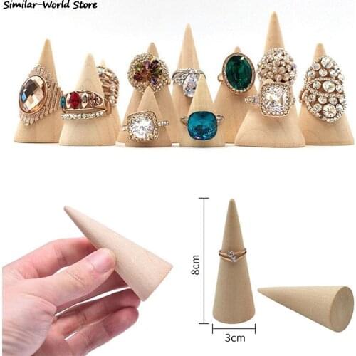 Vintage Natural Wood Cone Ring Holder Retail Stores Jewelry Display Stand Organizer Storage Rack