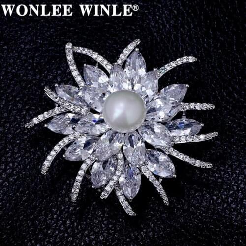 Wonlee Winle TOP Quality Copper With Austria Crystal Pearl Flower Brooches for Women Fashion Jewelry