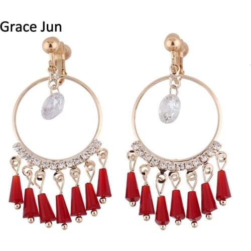 Top Quality Crystal CZ Round Shape Large Tassel Clip on Earring Non Piercing for Women Party Wedding Elegant Statement Earrings