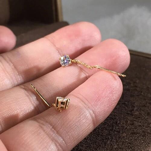 18K Yellow Gold 1 Carat Drop Earrings Line Women Wedding Anniversary Engagement Party 0.5ct Round Tassel Moissanite Diamond