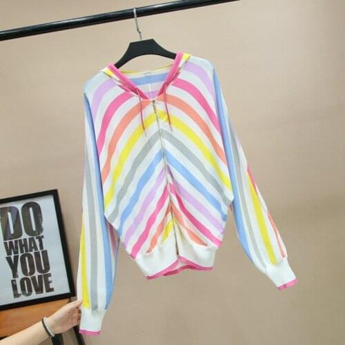 Short Knitted Sweater Cardigan Coat Women 2020 Spring and Summer New Rainbow Striped Bat Sleeve Casual Hooded Knitted Cardigan