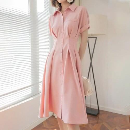 Shirt Dress Spring Summer 2021 Ete Dress Pink Office Skirt Urbano Vintage Clothes Robe Slim Vestido De Mujer Vetemznt Femme