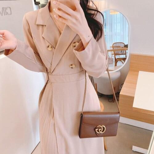 Women Spring Long Sleeve Pleated Long Blazer Dresses Notched Collar Slim Waist Bandage A-line Dress Solid Color