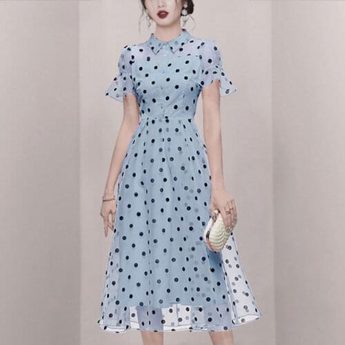 JSXDHK New Elegant Women Shirt Dress 2021 Summer Fashion Runway Wave Point Mesh Short Sleeve Slim Ladies Dot Print Midi Dresses