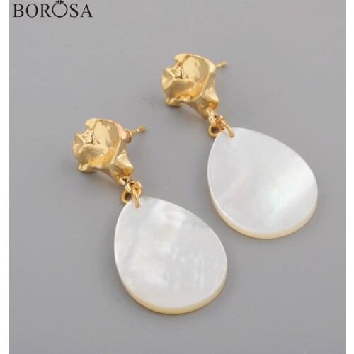 BOROSA 5/10Pairs Gold Electroplated Teardrop White Shell Slice Drop Earrings Gold Boho Shell Earrings Jewelry for Women G1793