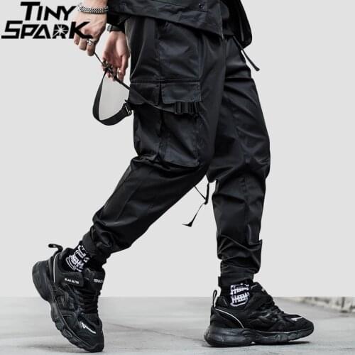 2021 Men Hip Hop Streetwear Cargo Pants Swag Ribbon Multi Pockets Pants Harajuku Trousers Joggers Tactical Pants Harem Pants