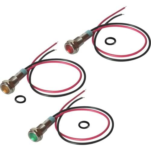 3PCS 6mm 12V Signal LED Light Metal Indicator Light Lamp 1Red+1Yellow 1Green
