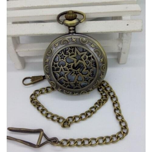 4.5cm Vintage Mens Womens Antique Bronze pentagram Pendant quartz Hand Wind Pocket Watch relogio de bolso 36cm Chain