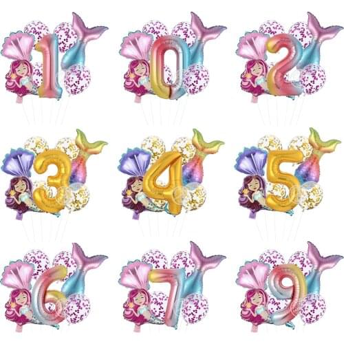 9pcs/lot Mermaid theme Birthday Party Decoration kids pink purple confetti Balloons 40inch Number Balloon For girl mermaid tail
