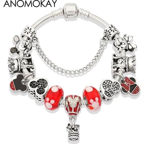Anomokay Mickey Minnie Enamel Charm Bracelet Red Crystal Bead Bracelet for Women Girl Boy Gift Moda Mujer Pulsera 2019