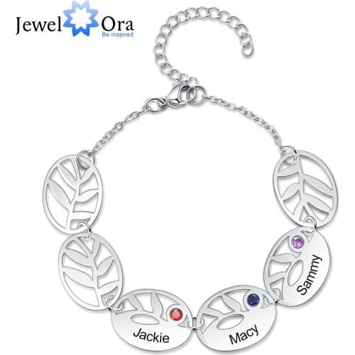 JewelOra Personalized 3 Names Engraving Leaf Charm Bracelet Customized DIY Birthstone Bracelets for Women Gifts for Mother