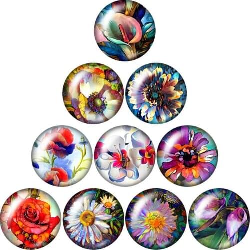 Flowers oil paintings colorful 10pcs mixed 12mm/16mm/18mm/25mm Round photo glass cabochon demo flat back Making findings