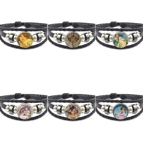 EJ Glaze Moon Goddess Mucha For Girls Wholesale Jewelry Black Leather Bracelet Bangle With Glass Cabochon Jewelry