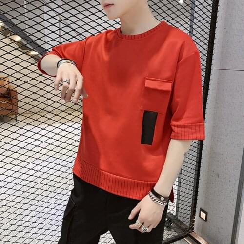 3/4 Sleeve Shirts Men Summer Short Sleeve T-shirt Student Black White Red Daily Casual Three Quarter O-Neck T Shirt