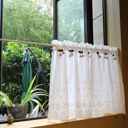 Cotton Flower Embroidered Cabinet Curtains Pure White Short Curtains Pink Cherry Decorative Half Curtain Coffee Curtain Window